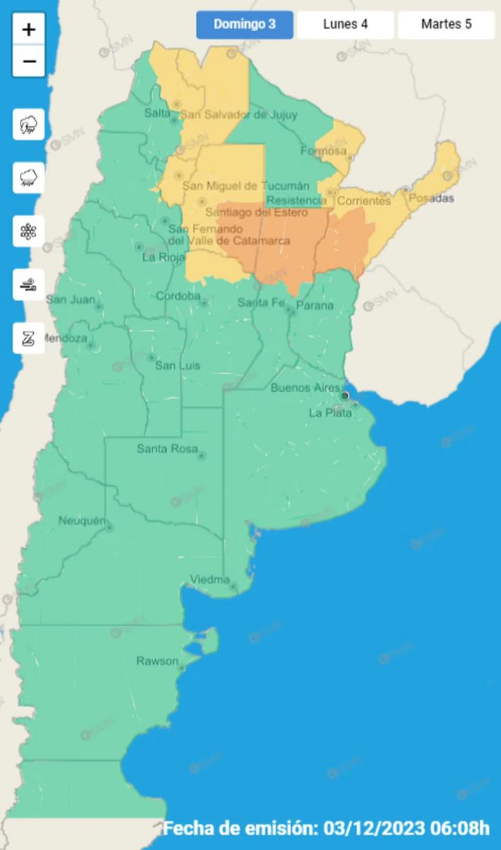 Alerta naranja y amarilla para el norte y centro de la Argentina.