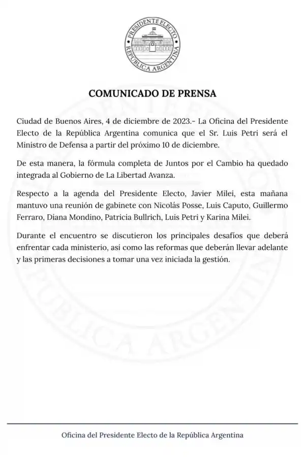 Javier Milei confirmó que Luis Petri será su ministro de Defensa