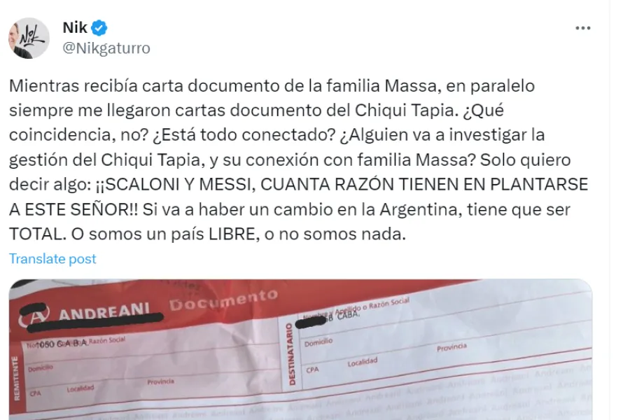 El dibujante Nik denunció públicamente que el hijo de Sergio Massa le mandó una carta documento: Me van a perseguir