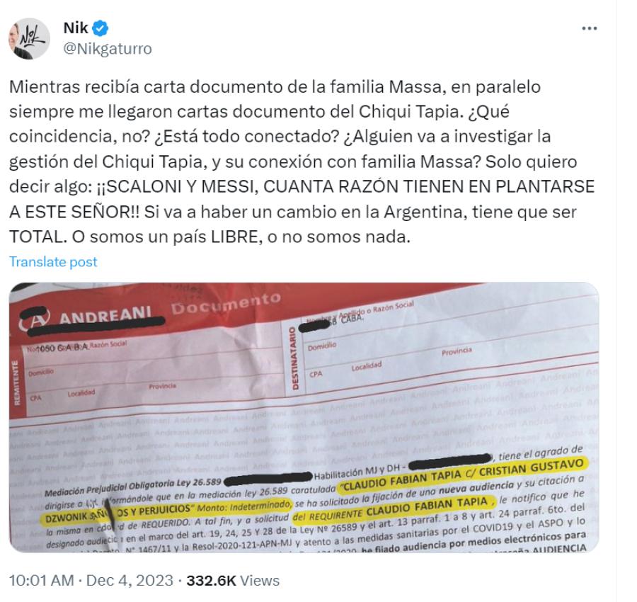 El dibujante Nik denunció públicamente que el hijo de Sergio Massa le mandó una carta documento: Me van a perseguir