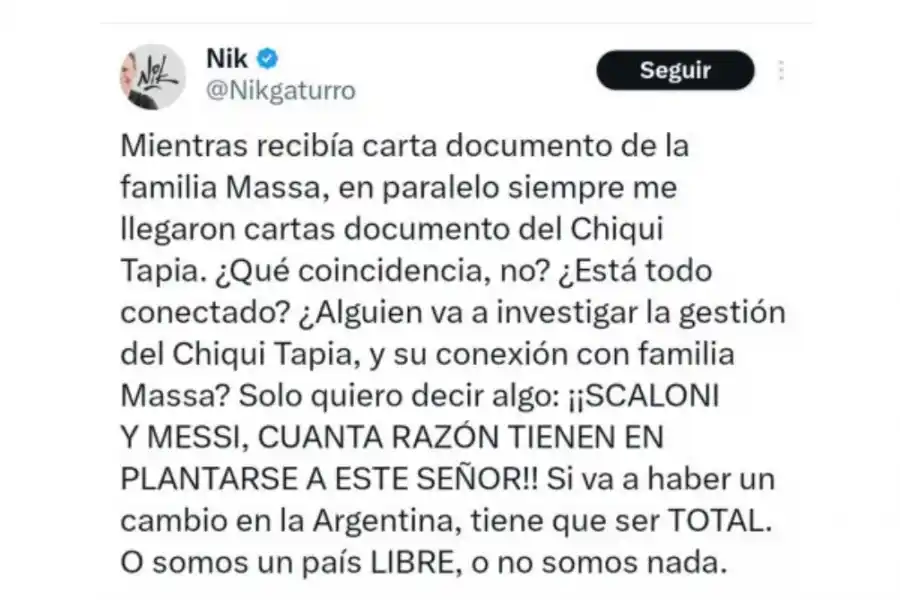 Niño ñoqui: la frase por la que el hijo de Sergio Massa denunció a Nik