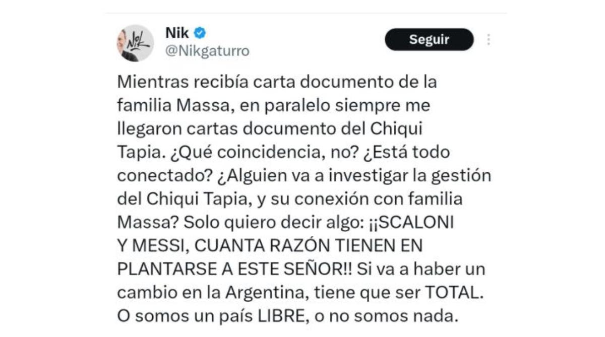 Niño ñoqui: la frase por la que el hijo de Sergio Massa denunció a Nik