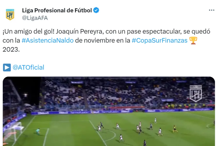 El halago de la LPF al pase de Joaquín Pereyra que luego se convirtió en gol.
