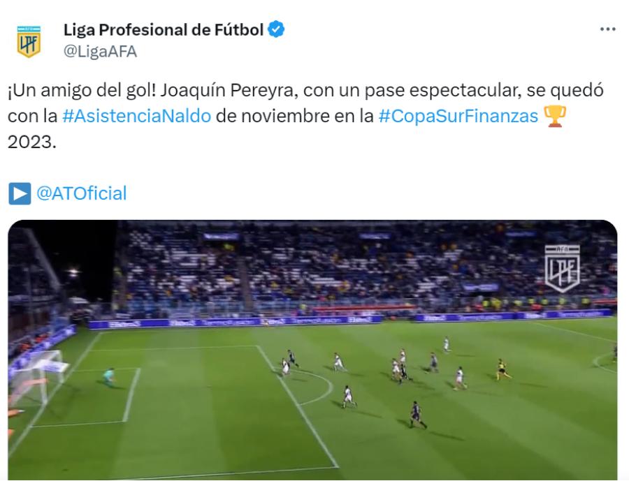 El halago de la LPF al pase de Joaquín Pereyra que luego se convirtió en gol.