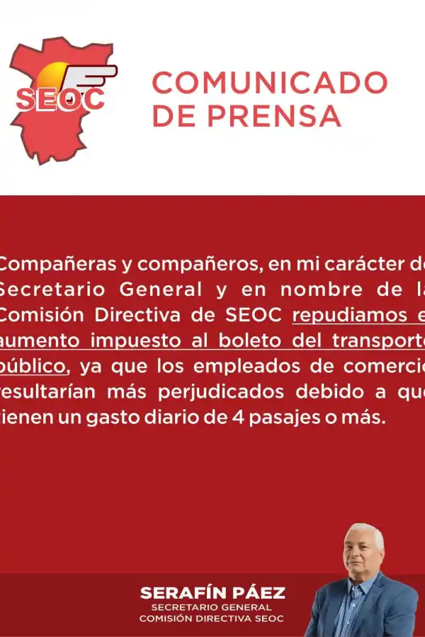 Suba del boleto: Los empleados del comercio serán los más perjudicados, afirman en SEOC