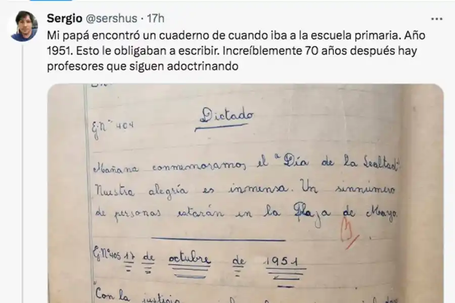 Su papá iba al colegio en la época de Perón y mostró qué le dictaba la maestra