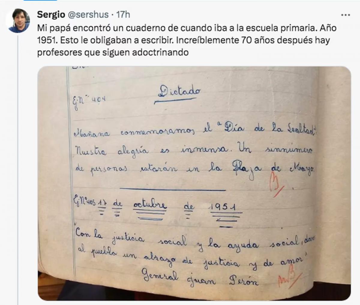 Su papá iba al colegio en la época de Perón y mostró qué le dictaba la maestra