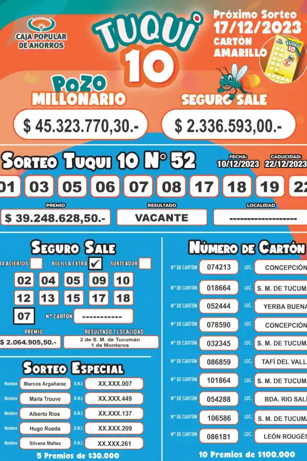 Tuqui 10: los resutados del sorteo del domingo 10 de diciembre