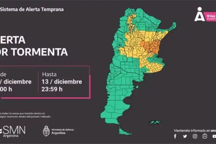 La alerta emitida por el Servicio Meteorológico Nacional.