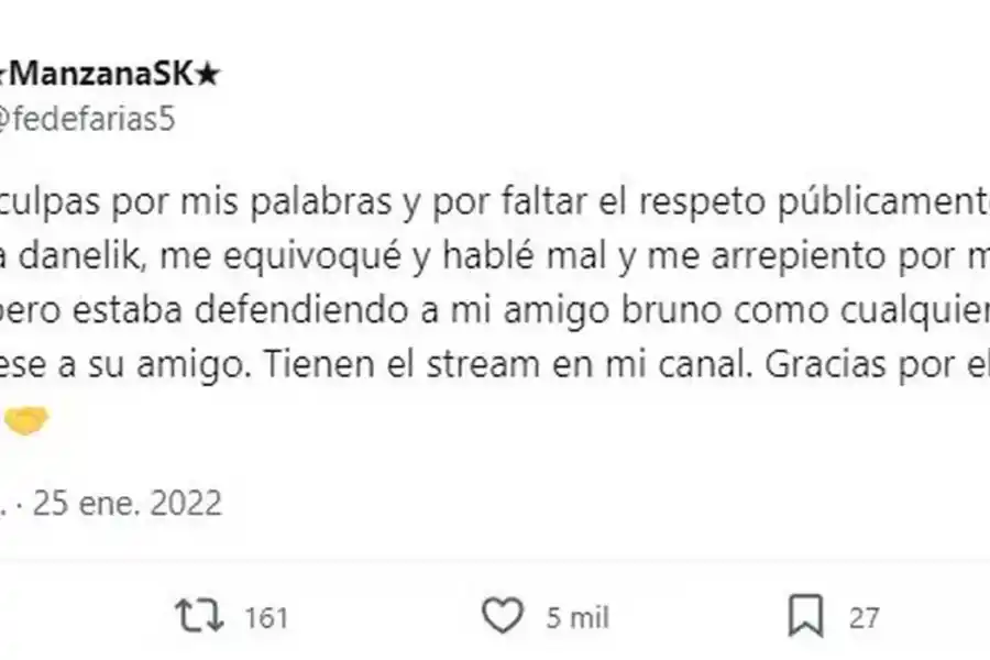 El pedido de disculpas de Manzana por sus dichos sobre Danelik Star