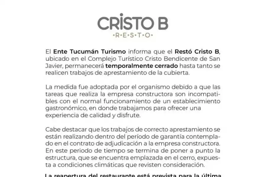 El comunicado del Ente de Turismo