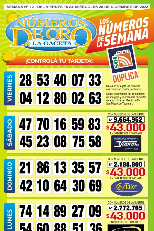 Esta es la grilla completa de los Números de Oro de LA GACETA del 13 de diciembre de 2023