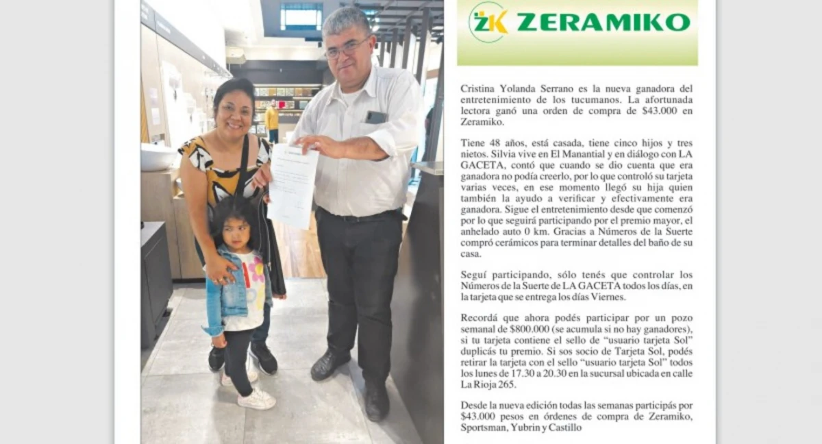 Números de la Suerte: Cristina Yolanda Serrano ganó una orden de compra de $43.000 en Zeramiko