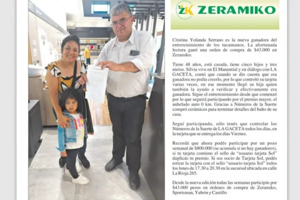 Números de la Suerte: Cristina Yolanda Serrano ganó una orden de compra de $43.000 en Zeramiko