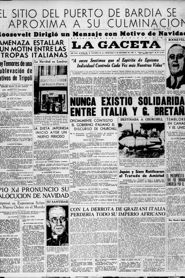1940. Las noticias hacían referencia a las batallas en el norte de África, donde los británicos estaban derrotando a las tropas italianas. “La Navidad en Londres” mostraba a los británicos tratando de seguir con sus actividades pese a los bombardeos nazis. 