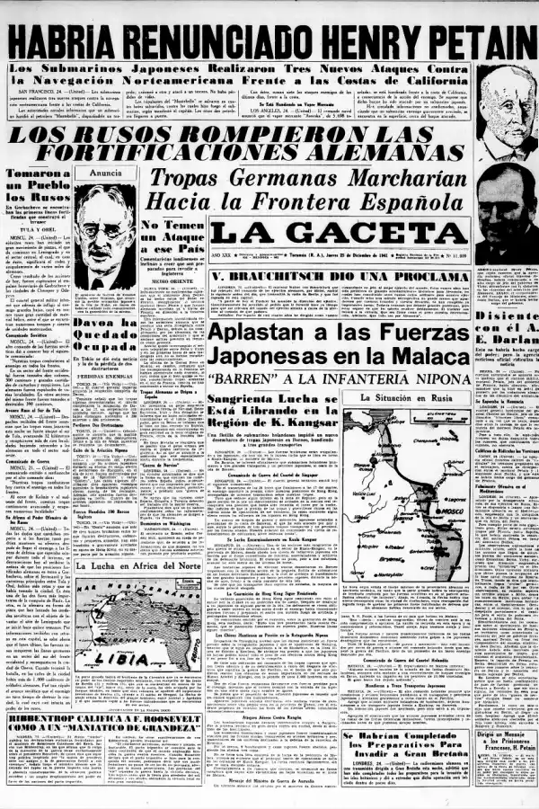 1941. La renuncia de Petain y los avances rusos dominaban la tapa. Además se destacaba la derrota de las tropas japonesas por parte de los aliados en Borneo. A su vez Ribbentrop, el canciller alemán, tilda de “maniático de grandeza” a Roosevelt. Estados Unidos entra en la guerra.