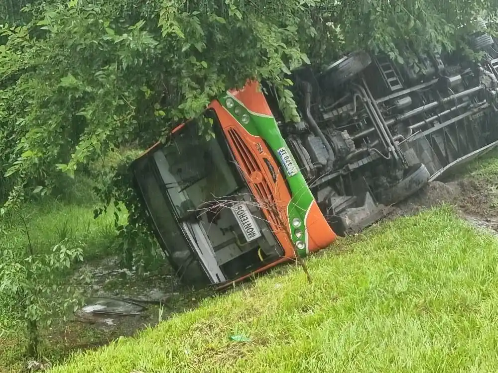 Un colectivo de la empresa Exprebus volcó en la ruta 301