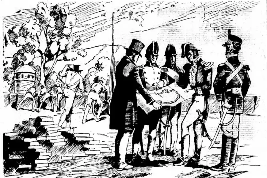 PLANIFICANDO LA FORTALEZA. El dibujo de Ricardo Saravia se publicó en LA GACETA el 2 de marzo de 1938.