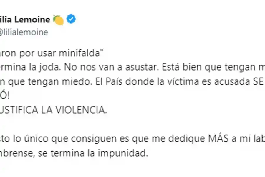El posteo de Lilia Lemoine en sus redes sociales tras ser agredida ayer a la tarde.