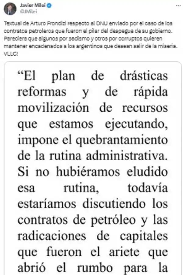 Milei citó a Frondizi para defender el DNU: Quieren mantener encadenados a los argentinos