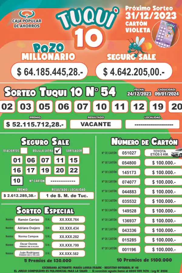 Tuqui 10: estos son los resultados del sorteo de Noche Buena