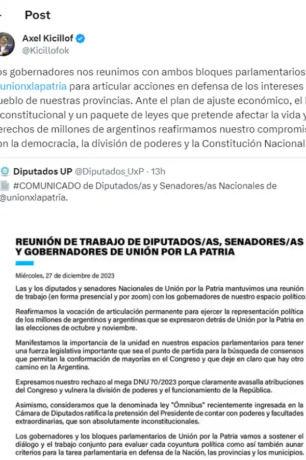 Kicillof tomó la palabra por los gobernadores peronistas y rechazó el proyecto de la ley ómnibus