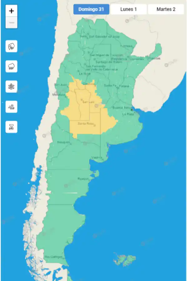 Mapa de alertas meteorológicas en Argentina