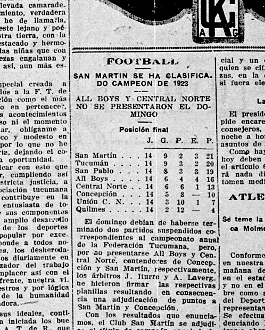 EN 1923. La tabla de posiciones muestra lo ajustado de la definición  que se completó con el juego de dos partidos suspendidos.