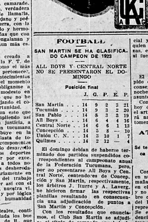 EN 1923. La tabla de posiciones muestra lo ajustado de la definición  que se completó con el juego de dos partidos suspendidos.