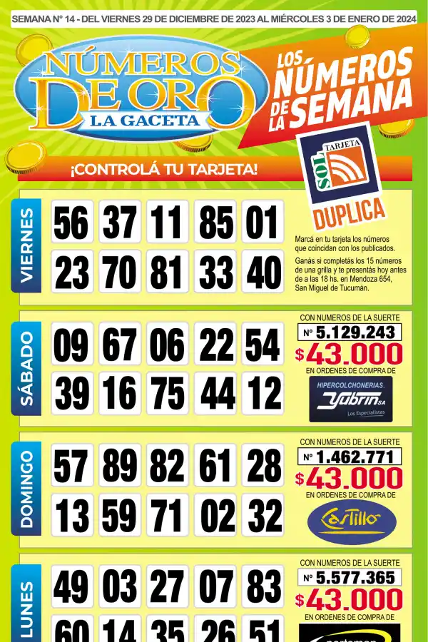 Esta es la grilla completa de los Números de Oro de LA GACETA del 3 de enero de 2023