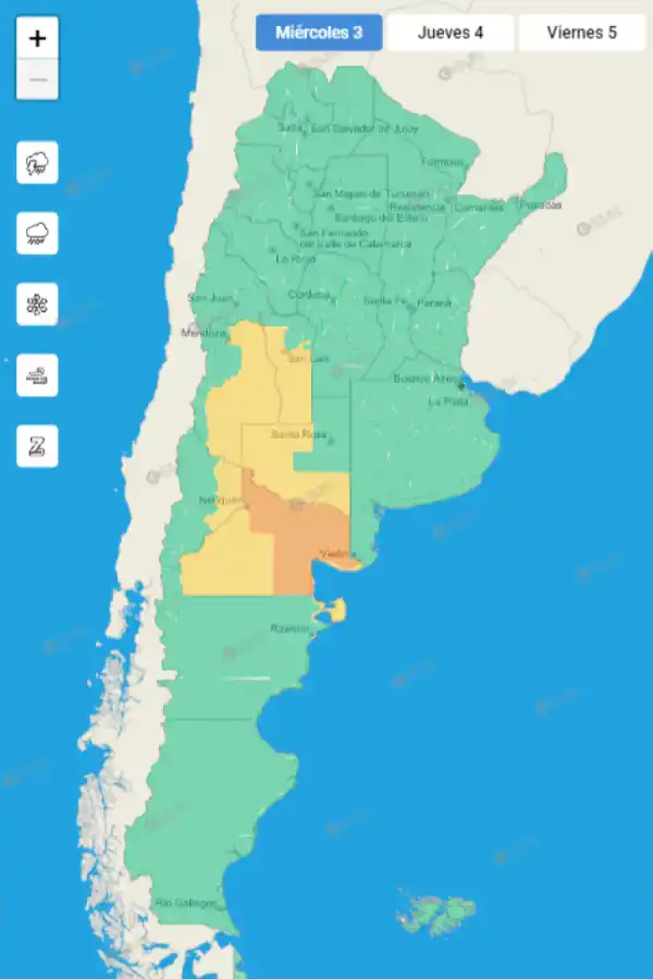 Mapa de alertas meteorológicas en Argentina