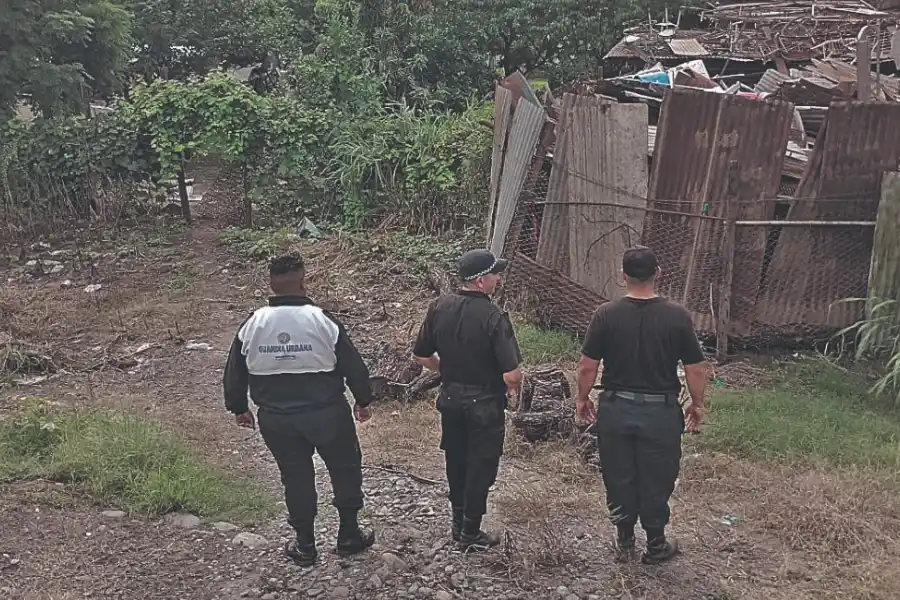 MURALLA DE CHAPA. Policías revisan los derredores de un desarmadero.