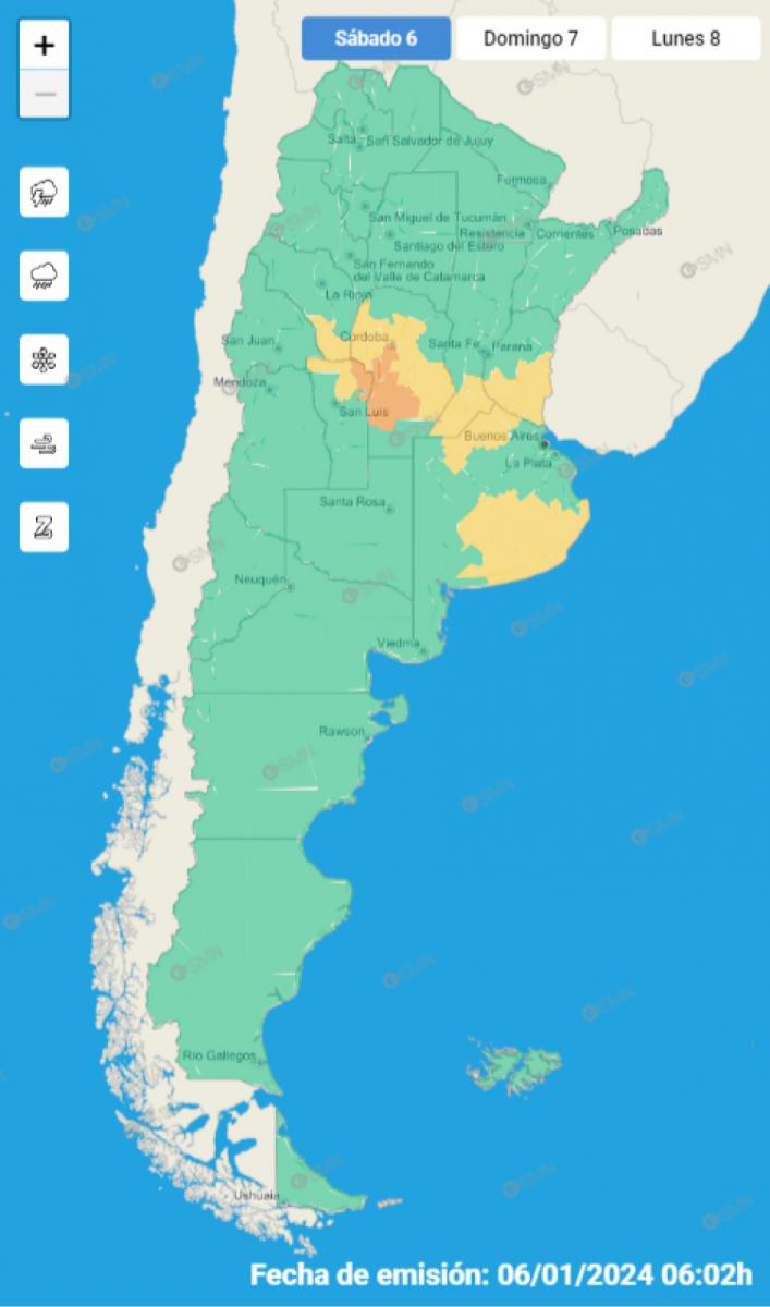 Mapa de alertas meteorológicas en Argentina 