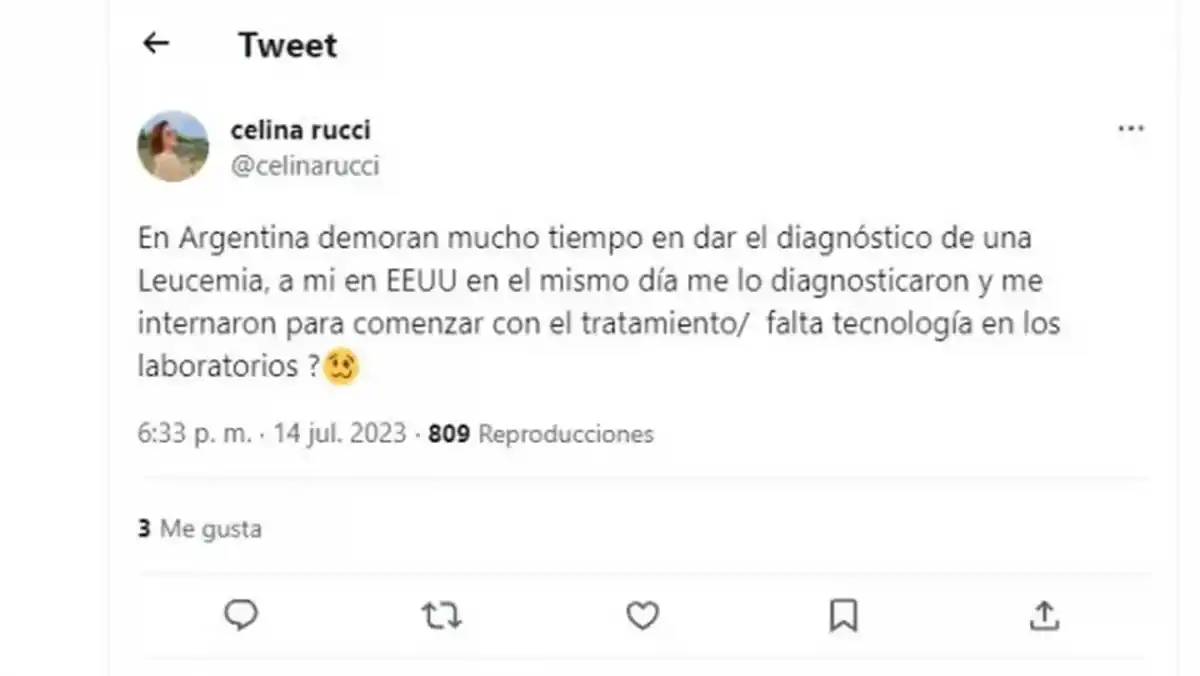 La dura crítica que hizo en su momento Celina Rucci al sistema de salud argentino por el tratamiento de la leucemia