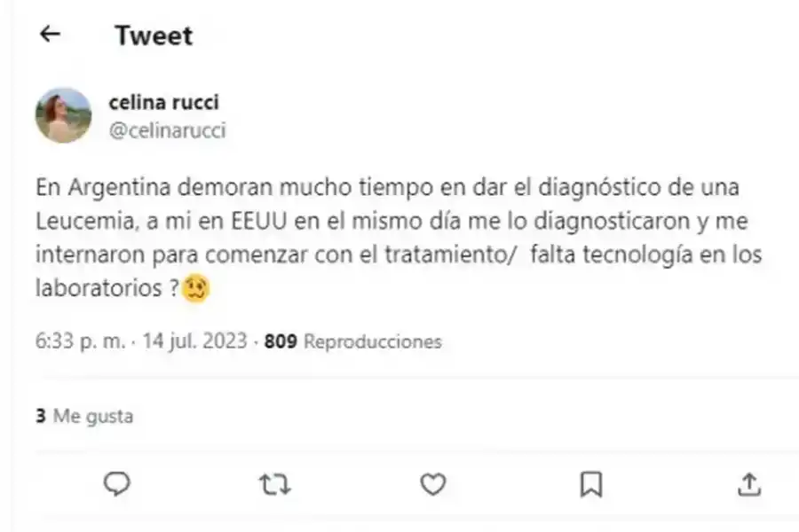 La dura crítica que hizo en su momento Celina Rucci al sistema de salud argentino por el tratamiento de la leucemia