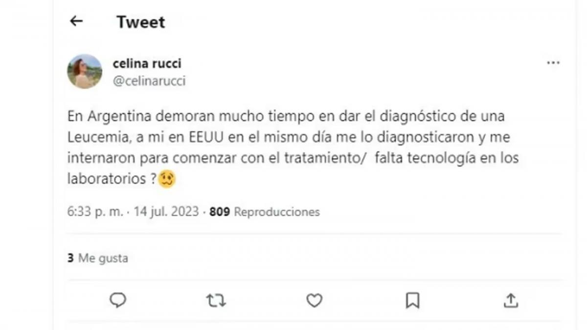 La dura crítica que hizo en su momento Celina Rucci al sistema de salud argentino por el tratamiento de la leucemia