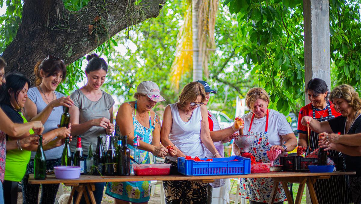 Las mujeres trituran el tomate mientras preparan las botellas con albahaca y laurel.