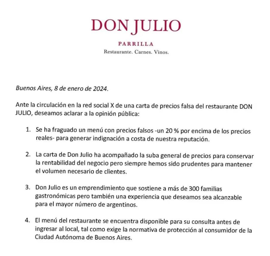 El comunicado de Don Julio.