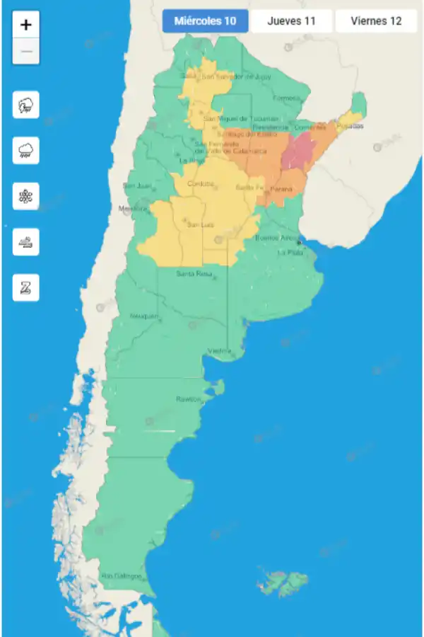 Mapa de alertas meteorológicas en Argentina