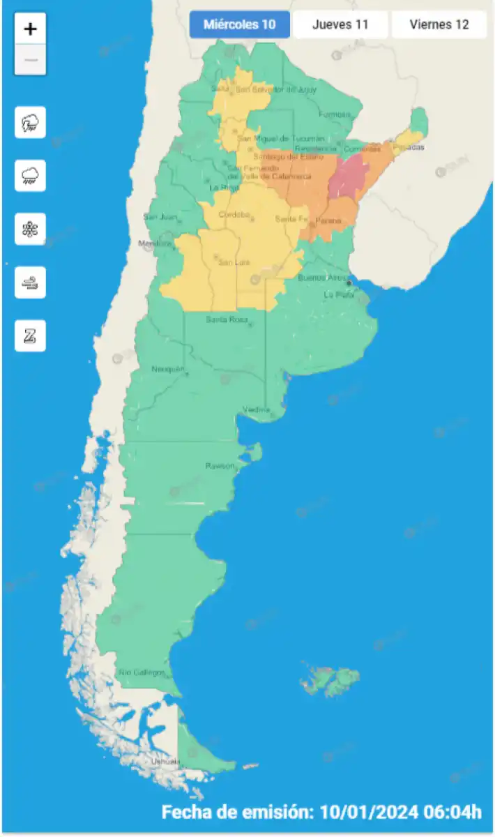 Mapa de alertas meteorológicas en Argentina