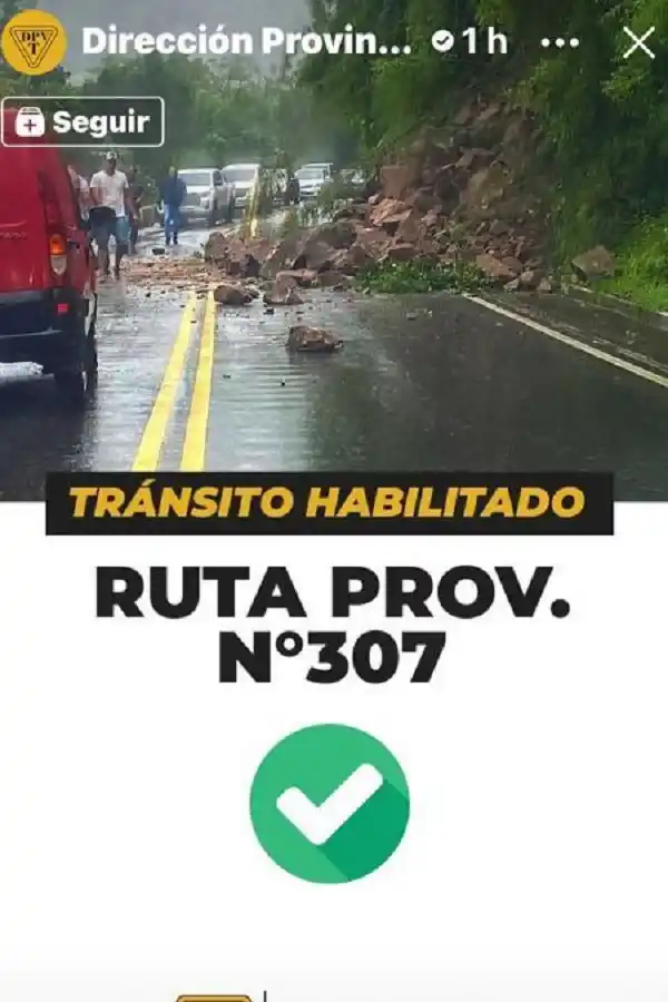 Tras el derrumbe en la ruta 307, se habilitó el camino para los vehículos