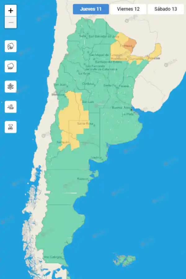 Mapa de alertas meteorológicas en Argentina