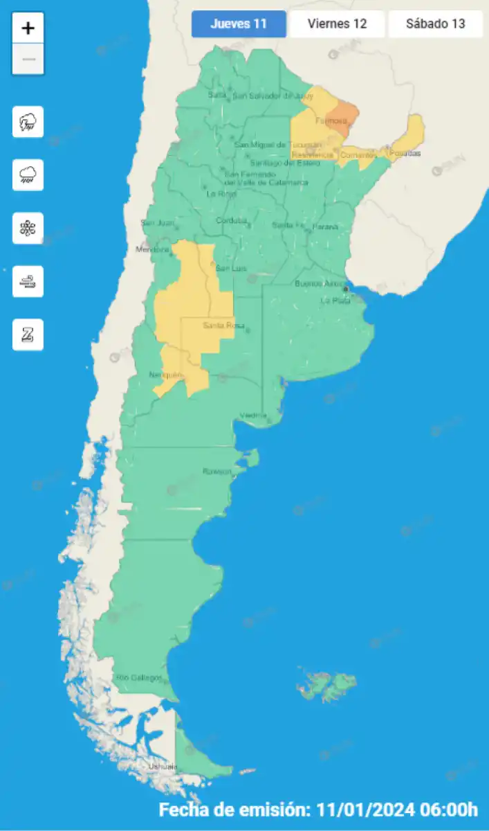 Mapa de alertas meteorológicas en Argentina