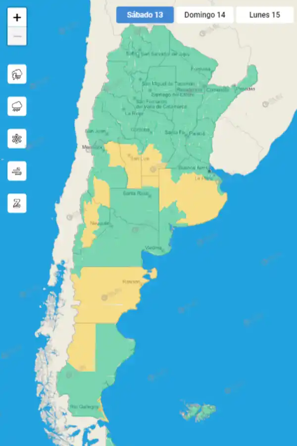 Mapa de alertas meteorológicas en Argentina
