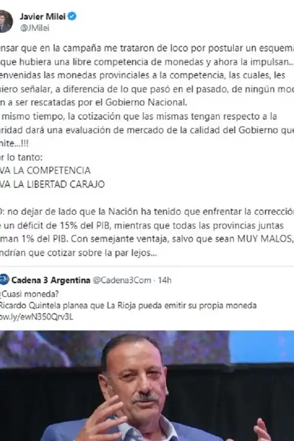 Javier Milei celebró la idea de La Rioja de tener una moneda propia: Viva la competencia