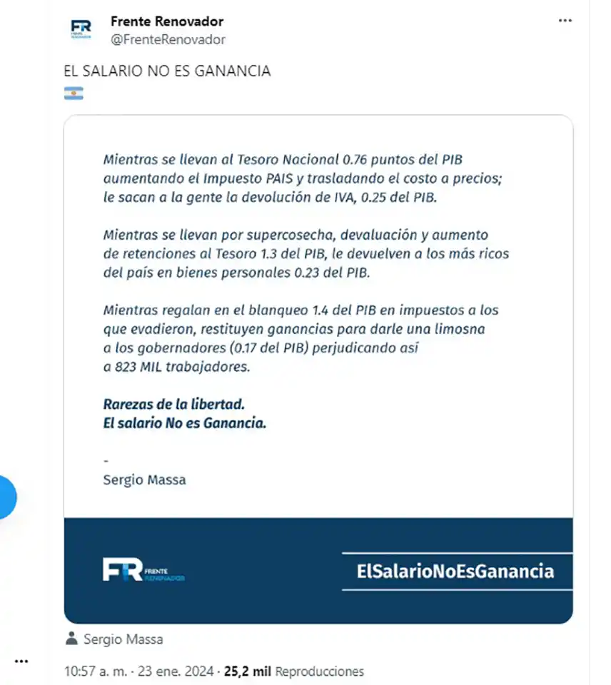 “El salario no es ganancia”: Massa criticó la restitución del impuesto