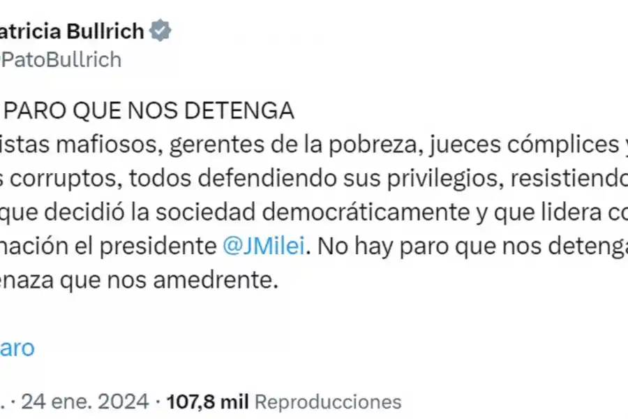 Paro de la CGT: Bullrich apuntó a sindicalistas, jueces cómplices y políticos corruptos