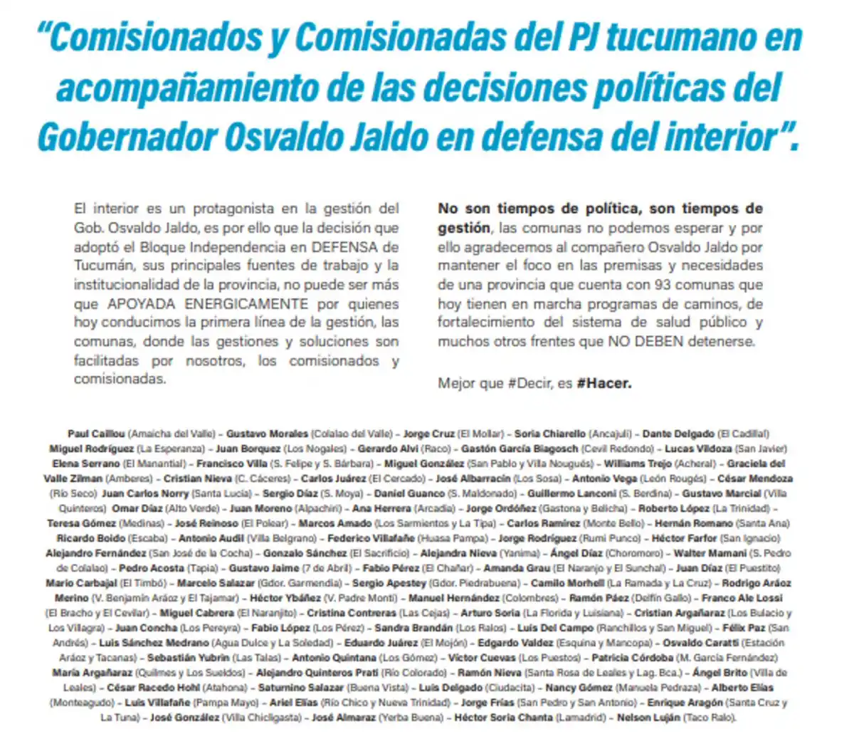 Solicitada: Intendentes y comisionados tucumanos del PJ acompañan las decisiones políticas de Jaldo