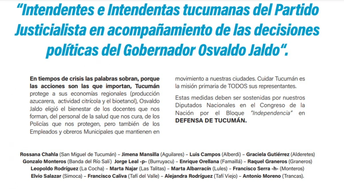 Solicitada: Intendentes y comisionados tucumanos del PJ acompañan las decisiones políticas de Jaldo