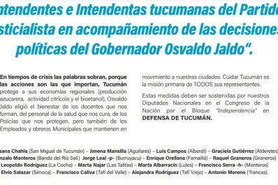 Solicitada: Intendentes y comisionados tucumanos del PJ acompañan las decisiones políticas de Jaldo